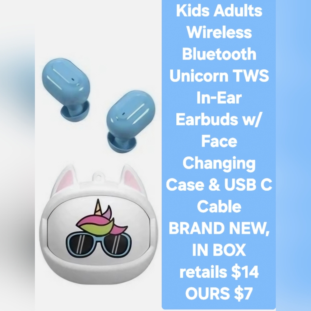 NIB Blue Wireless Bluetooth Unicorn TWS In-Ear Earbuds w/ Face Changing Case